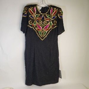NWT Vintage 90s Stenay Sears Black Sequin Silk Cocktail Dress L Gold Red Pink